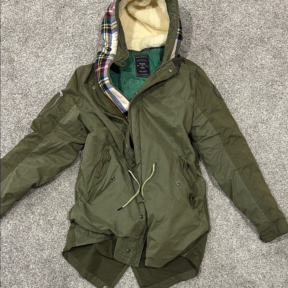 Scotch Soda Olive Green Hooded Jacket With Plaid Lining